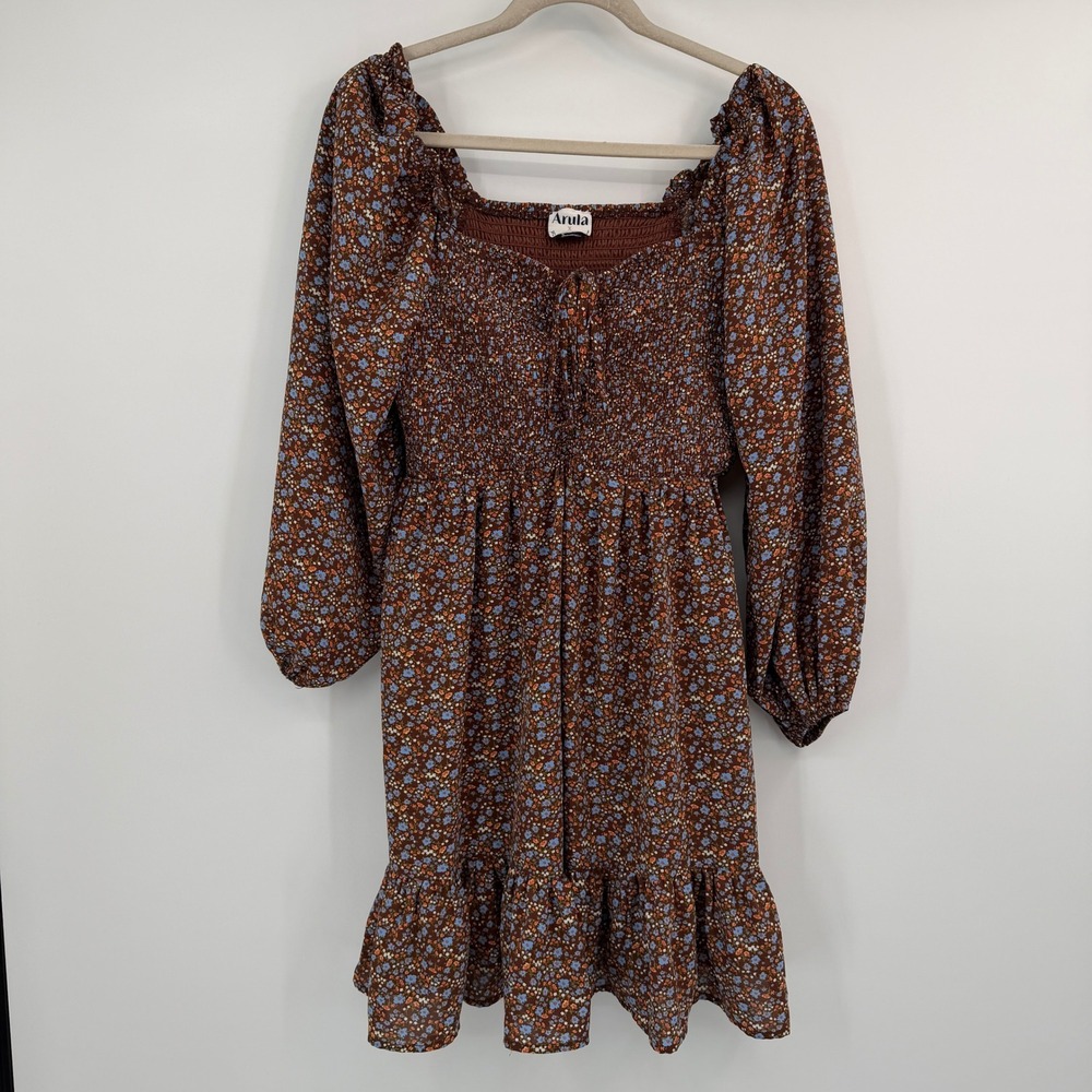 Arula Brown‎ Blue Floral Smocked Mini Dress Long Sleeve Ruffle XL Cottagecore